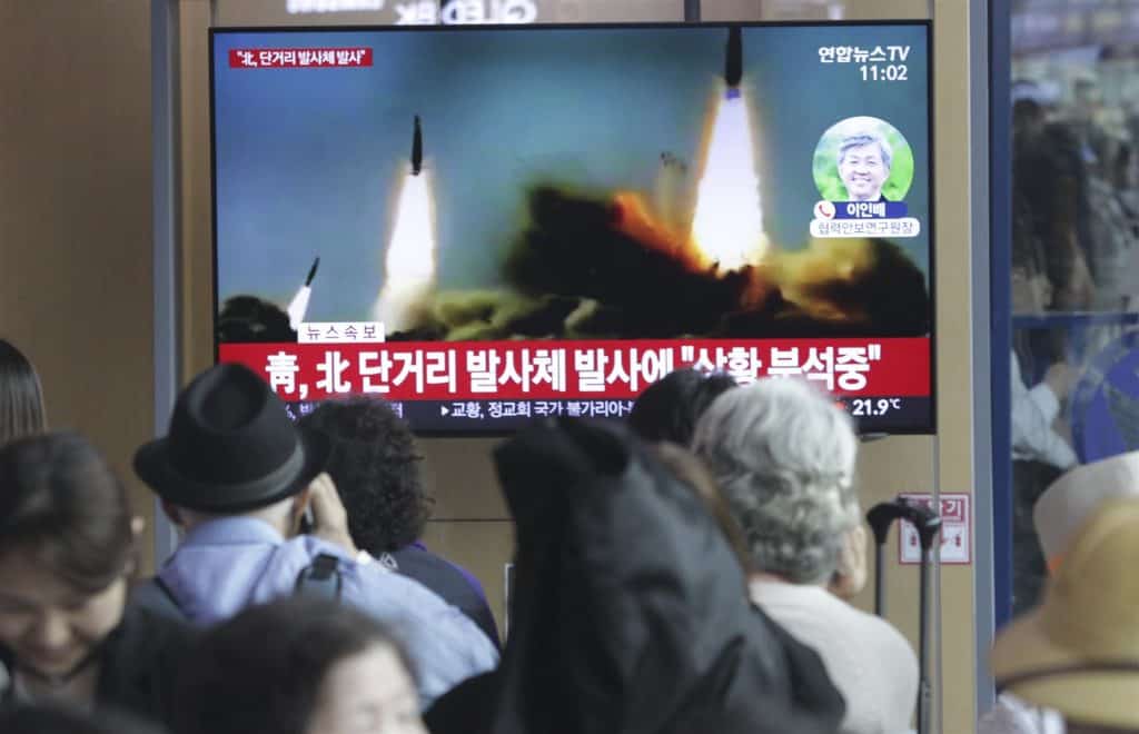 Watchers viewing footage of the North Korean missile launch on May 4, 2019
