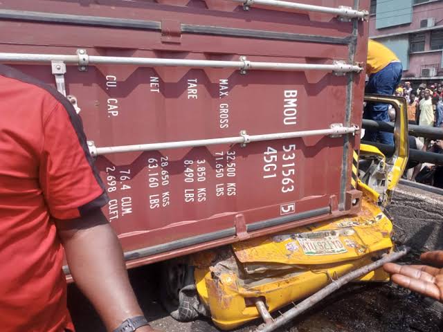 Two children, seven adults killed as container falls on bus in Lagos