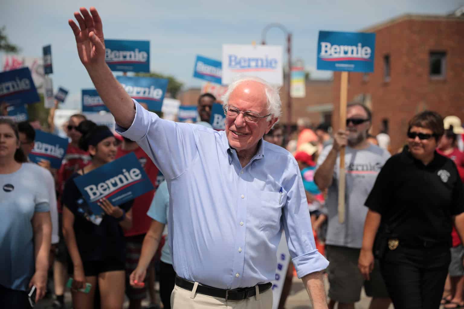 Bernie Sanders waves to supporters